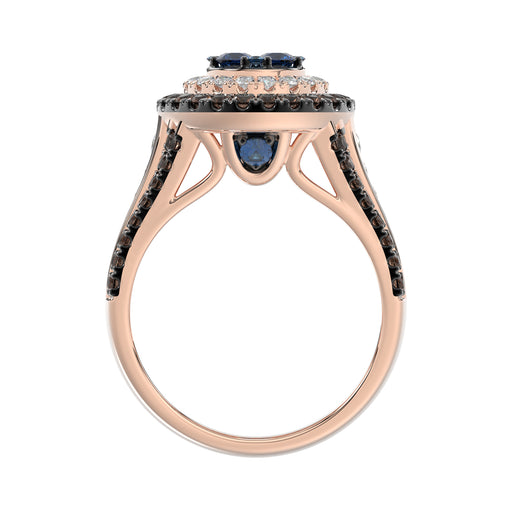 14K Rose Gold Multi Color Diamond Halo Ring 1.50Ct Blue, Dark Brown & Round Diamond Ladies Ring