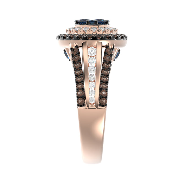 14K Rose Gold Multi Color Diamond Halo Ring 1.50Ct Blue, Dark Brown & Round Diamond Ladies Ring