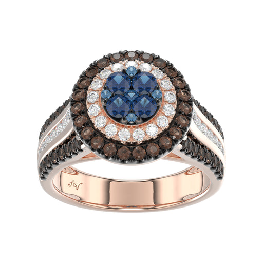 14K Rose Gold Multi Color Diamond Halo Ring 1.50Ct Blue, Dark Brown & Round Diamond Ladies Ring