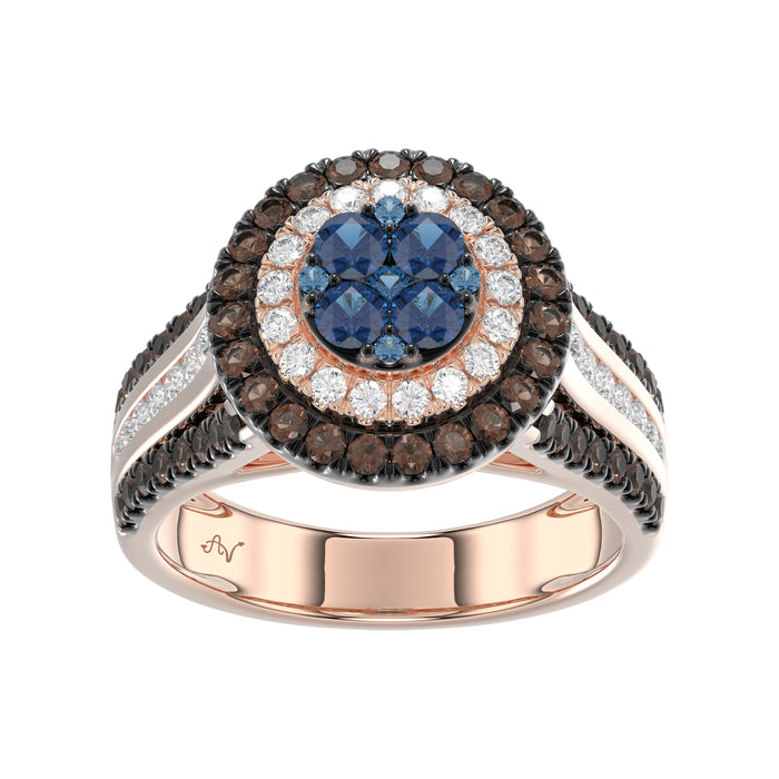 14K Rose Gold Multi Color Diamond Halo Ring 1.50Ct Blue, Dark Brown & Round Diamond Ladies Ring