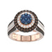 14K Rose Gold Multi Color Diamond Halo Ring 1.50Ct Blue, Dark Brown & Round Diamond Ladies Ring