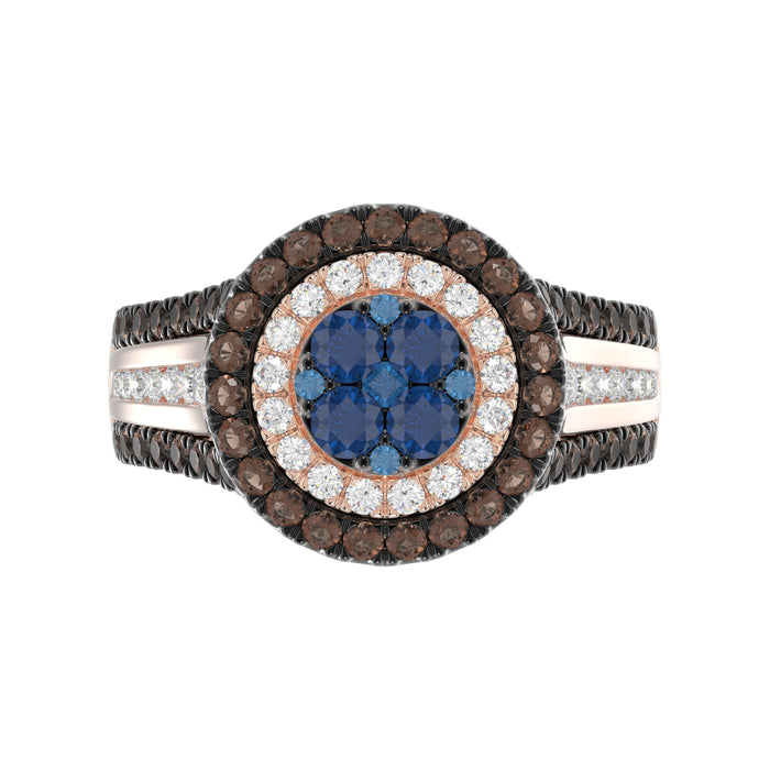 14K Rose Gold Multi Color Diamond Halo Ring 1.50Ct Blue, Dark Brown & Round Diamond Ladies Ring