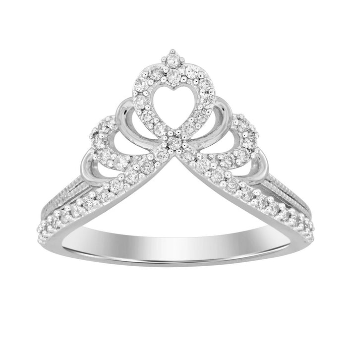 Sterling Silver Ladies 0.25CT Round Diamond Heart Crown Tiara Ring