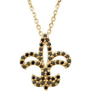 Ladies Natural Black Diamond Fleur-de-Lis Necklace (Opaque, Black) — 14K Yellow Gold