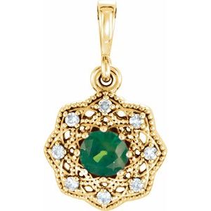 Ladies Natural Emerald Natural Diamond Halo-Style Pendant (I1, G-H) — 14K Yellow Gold