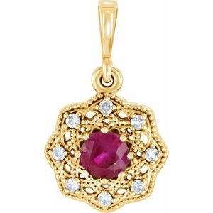 Ladies Natural Ruby Natural Diamond Halo-Style Pendant (I1, G-H) — 14K Yellow Gold
