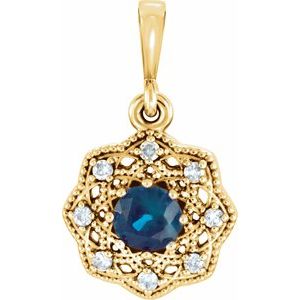 Ladies Natural Blue Sapphire Natural Diamond Halo-Style Pendant (I1, G-H) — 14K Yellow Gold