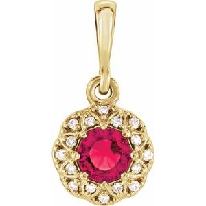 Ladies Natural Ruby Natural Diamond Halo-Style Pendant (I1, G-H) — 14K Yellow Gold