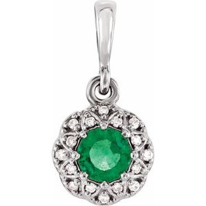 Ladies Natural Emerald Natural Diamond Halo-Style Pendant (I1, G-H) — 14K White Gold
