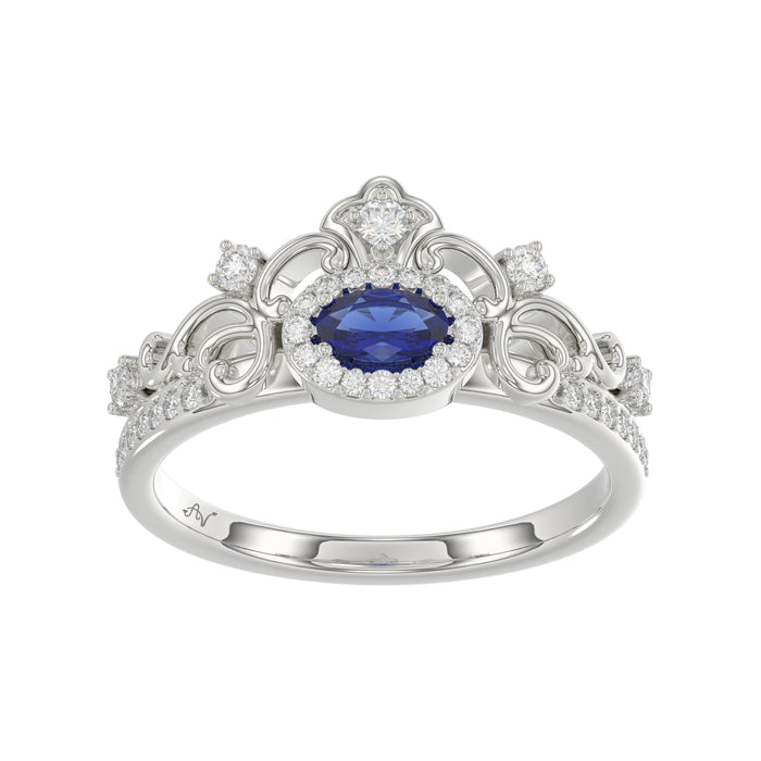 14K White Gold 0.45Ct Blue Sapphire & Round Diamond Engagement Ring For Women Oval Natural Sapphire Fashion Ring (Oval Blue Sapphire 0.30Ct)