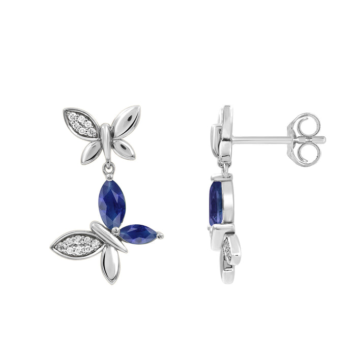 LADIES EARRING 1.55CT ROUND/MARQUISE/BLUE SAPHIRE DIAMOND 14K WHITE GOLD (CENTER STONE MARQUISE BLUE SAPHIRE-1.40CT)