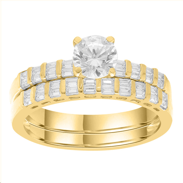 LADIES BRIDAL SET 1.10CT ROUND/BAGUETTE DIAMOND 14K YELLOW GOLD (SI QUALITY) (CENTER STONE ROUND DIAMOND-0.75CT)