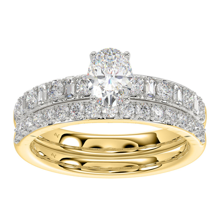 LADIES BRIDAL SET 1.50CT ROUND/BAGUETTE DIAMOND 14K YELLOW GOLD (SI QUALITY) (OVAL DIAMOND-0.75CT)