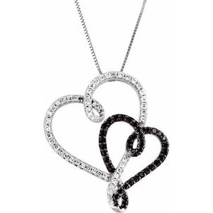 Ladies Black Rhodium-Plated Black White Natural Diamond Double Heart Necklace (Opaque/I1-I2, Black/H+) — 14K White Gold