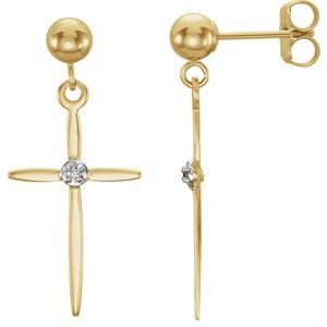 Ladies 14K Yellow/ Natural Diamond Cross Earrings — 14K Yellow/White Gold