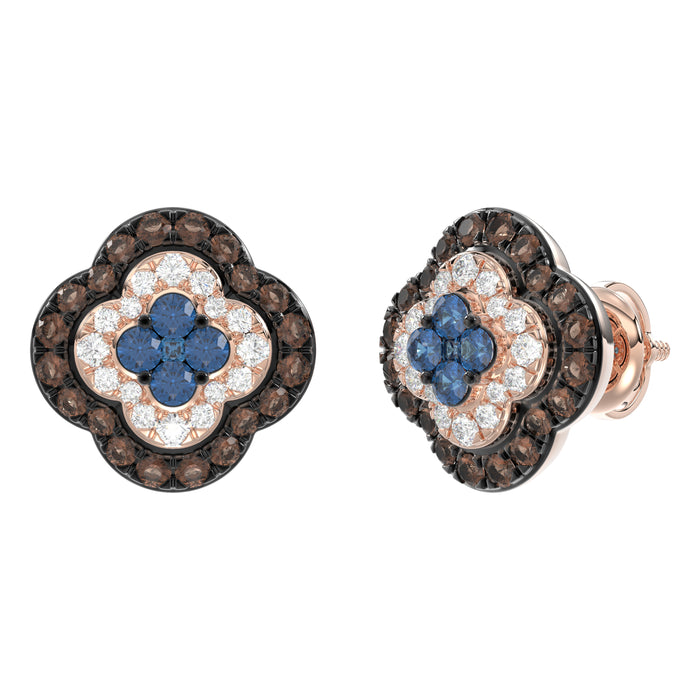 14K Rose Gold 1.00Ct Fancy Color Diamond Earrings Round Blue And Dark Brown Diamond Ladies Jewelry