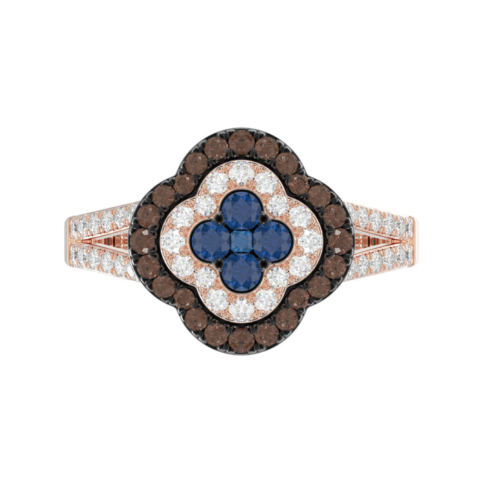 Elegant 14K Rose Gold Ladies Ring Crafted With Fancy Dark Brown And Blue Diamonds Totaling 0.75 Ct. Perfect Luxury Jewelry Gift For Her.