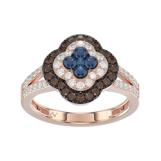 Elegant 14K Rose Gold Ladies Ring Crafted With Fancy Dark Brown And Blue Diamonds Totaling 0.75 Ct. Perfect Luxury Jewelry Gift For Her.