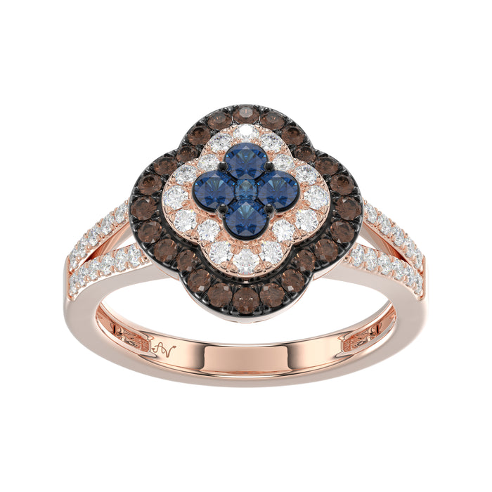 Elegant 14K Rose Gold Ladies Ring Crafted With Fancy Dark Brown And Blue Diamonds Totaling 0.75 Ct. Perfect Luxury Jewelry Gift For Her.