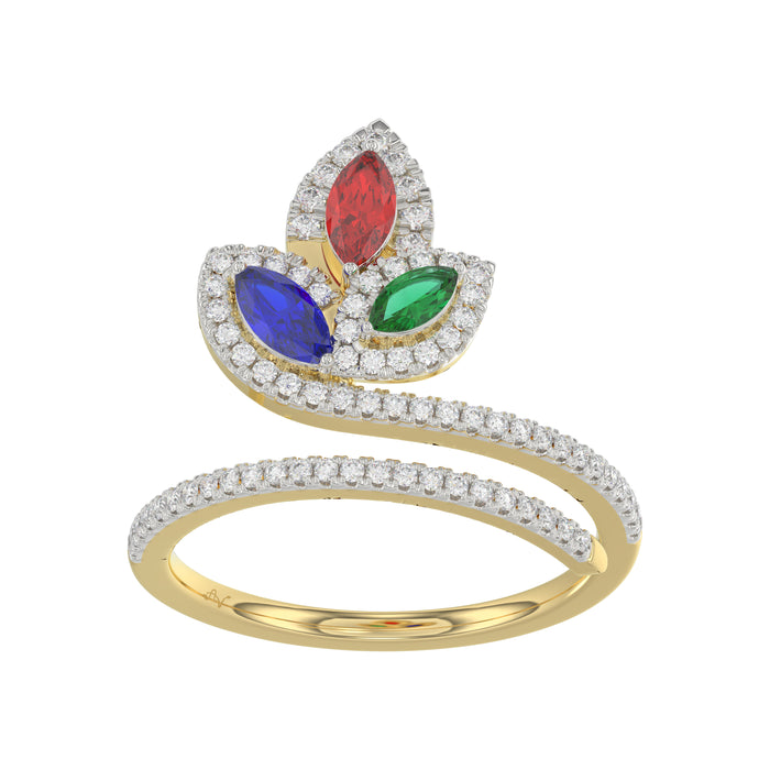 Elegant Multi-Stone 14K Yellow Gold 0.75Ct Ladies Ring With Ruby, Sapphire, Emerald, And Marquise Diamonds. A Classic And Colorful Luxury Jewelry Piec