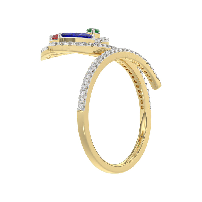Elegant Multi-Stone 14K Yellow Gold 0.75Ct Ladies Ring With Ruby, Sapphire, Emerald, And Marquise Diamonds. A Classic And Colorful Luxury Jewelry Piec