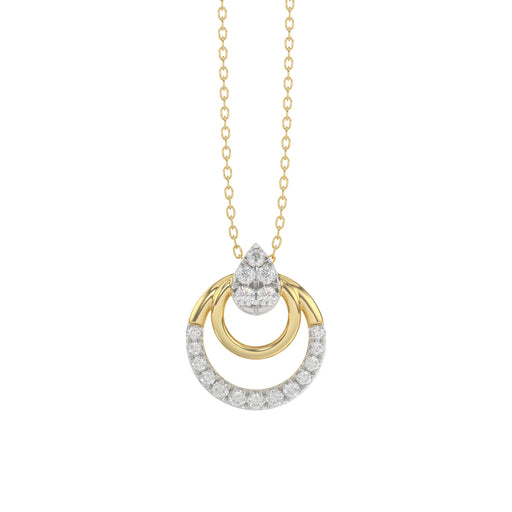 Beautiful 14K Yellow Gold Ladies Pendant With Double Circle Design And Sparkling 0.13 Ct Round Diamonds. Includes Chain.