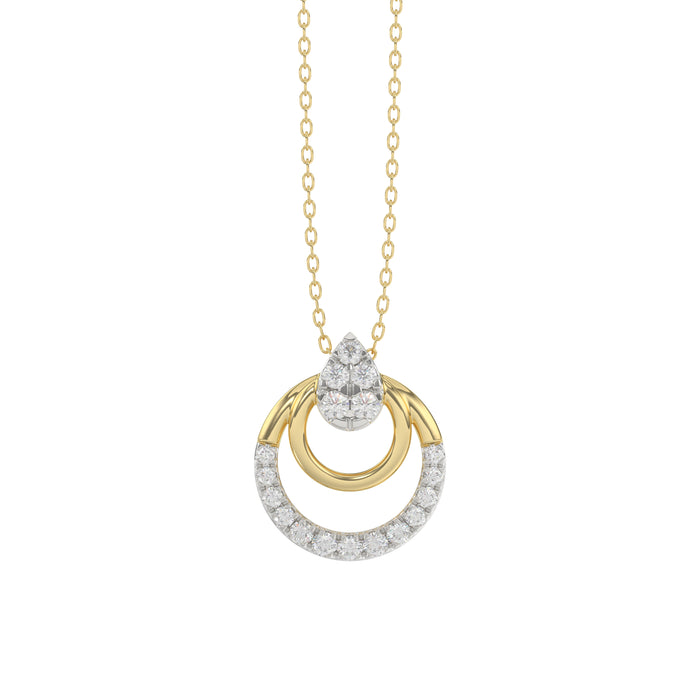 Beautiful 14K Yellow Gold Ladies Pendant With Double Circle Design And Sparkling 0.13 Ct Round Diamonds. Includes Chain.