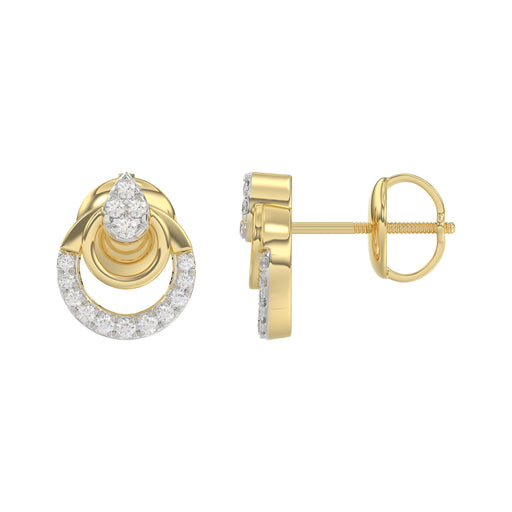 Stylish 10K Yellow Gold Ladies Diamond Earrings With Double Circle Design And 0.13 Ct Round Diamonds. A Timeless And Elegant Fashion Jewelry Piece