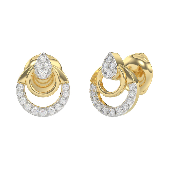 Stylish 10K Yellow Gold Ladies Diamond Earrings With Double Circle Design And 0.13 Ct Round Diamonds. A Timeless And Elegant Fashion Jewelry Piece