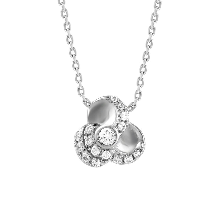 Sterling Silver Ladies 0.16CT Round Diamond Three-Petal Floral Necklace Elegant Flower Design Jewelry