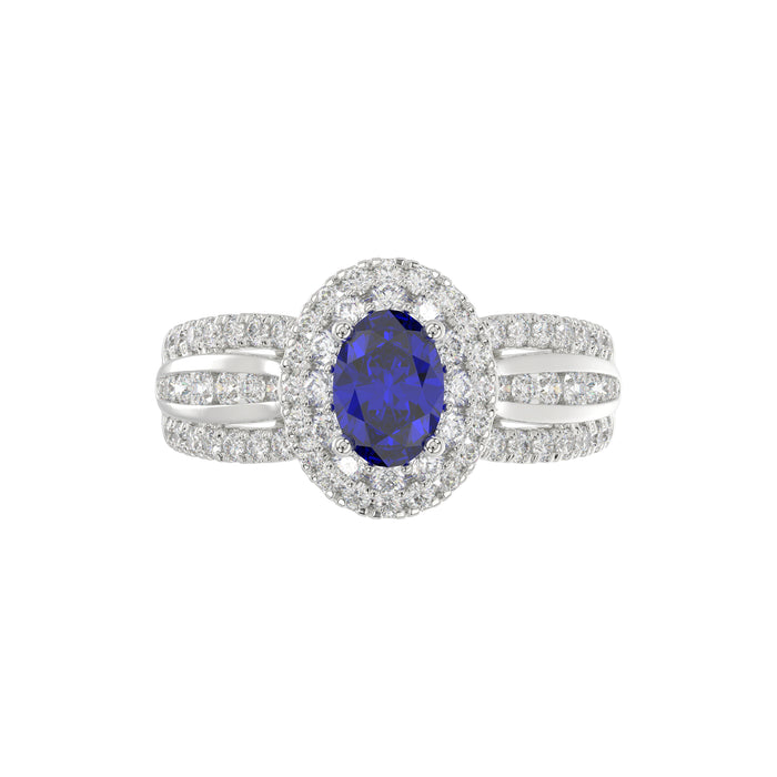 LADIES RING 1.65CT ROUND/BLUE SAPPHIRE OVAL DIAMOND 14K WHITE GOLD (CENTER STONE 0.94CT BLUE SAPPHIRE OVAL DIAMOND)