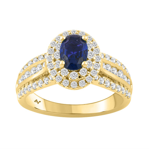 LADIES RING 1.40CT ROUND/BLUE SAPPHIRE OVAL DIAMOND 14K YELLOW GOLD (CENTER STONE 0.62CT BLUE SAPPHIRE OVAL DIAMOND)