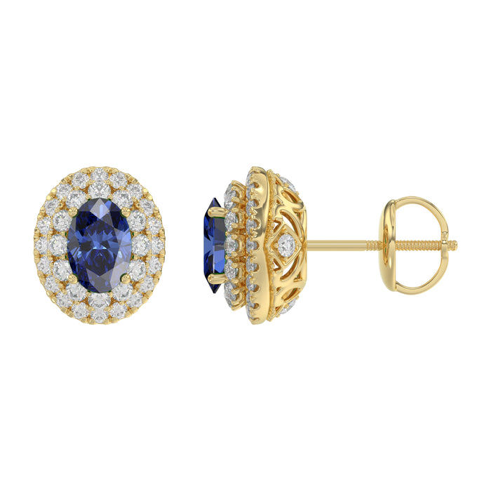 Luxury 14K Yellow Gold Earrings With Oval Sapphire And Round Diamond Accents. A Classic And Elegant 1.88Ct Fine Jewelry Design For Her.