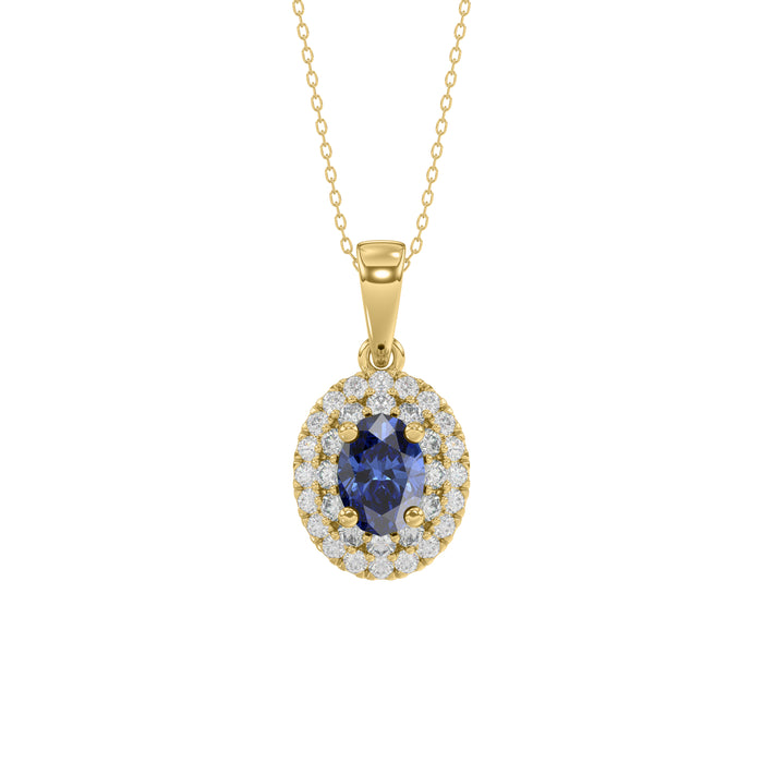 Elegant 14K Yellow Gold Ladies Pendant Featuring Oval Sapphire And Round Diamond Accents 1.16Ct Includes Chain For A Complete Luxury Look.