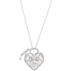 Ladies Natural Diamond Heart Lock Necklace (I2, H+) — Sterling Silver
