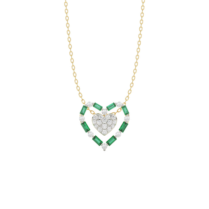 LADIES PENDANT 0.35CT ROUND/GREEN EMERALD BAGUETTE DIAMOND 14K YELLOW GOLD