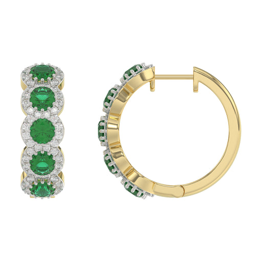 14K Yellow Gold 3.62Ct Emerald And Round Diamond Hoop Earrings For Women. A Refined Luxury Jewelry Design Perfect For Gifting Or Special Events.