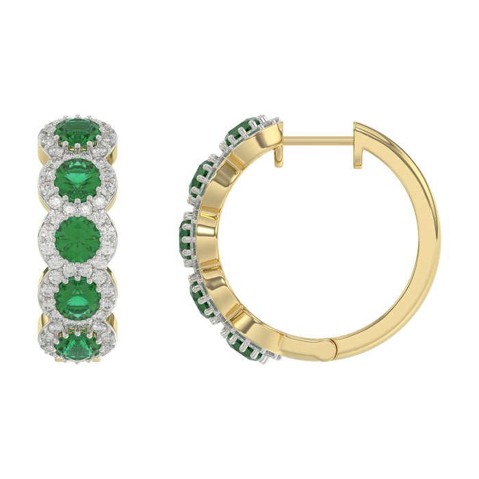 14K Yellow Gold 3.62Ct Emerald And Round Diamond Hoop Earrings For Women. A Refined Luxury Jewelry Design Perfect For Gifting Or Special Events.