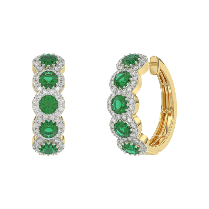 14K Yellow Gold 3.62Ct Emerald And Round Diamond Hoop Earrings For Women. A Refined Luxury Jewelry Design Perfect For Gifting Or Special Events.