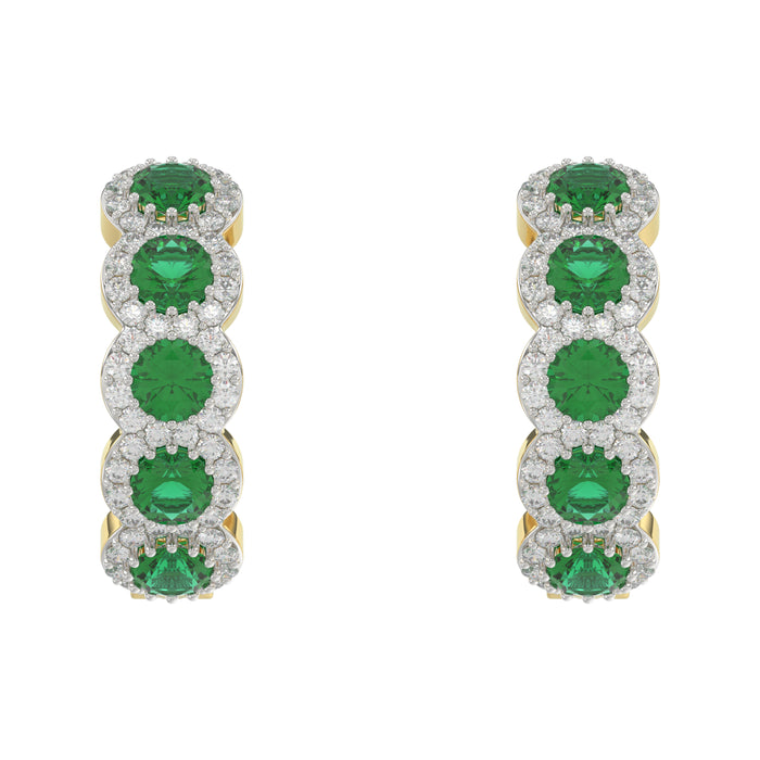 14K Yellow Gold 3.62Ct Emerald And Round Diamond Hoop Earrings For Women. A Refined Luxury Jewelry Design Perfect For Gifting Or Special Events.