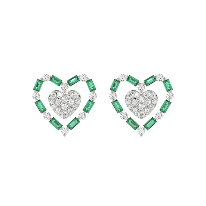 LADIES EARRING 0.50CT ROUND/GREEN EMERALD BAGUETTE DIAMOND 14K YELLOW GOLD (GREEN EMERALD BAGUETTE 0.32CT)