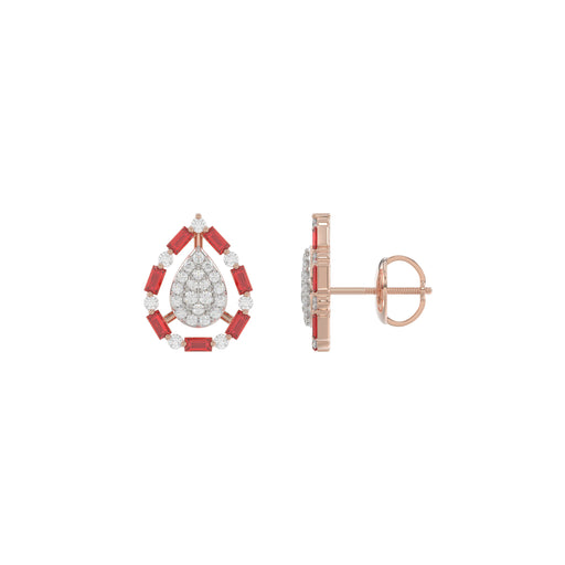 Elegant 14K Rose Gold Ladies Earrings Featuring Ruby And Diamond Accents With Round And Baguette Cuts 0.88Ct. A Luxurious Fine Jewelry Design.