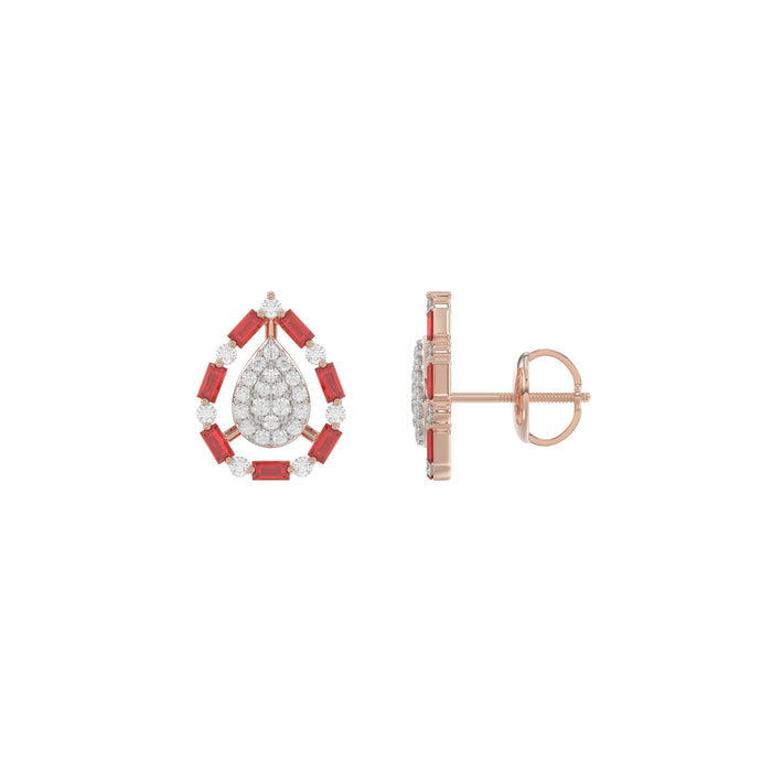Elegant 14K Rose Gold Ladies Earrings Featuring Ruby And Diamond Accents With Round And Baguette Cuts 0.88Ct. A Luxurious Fine Jewelry Design.
