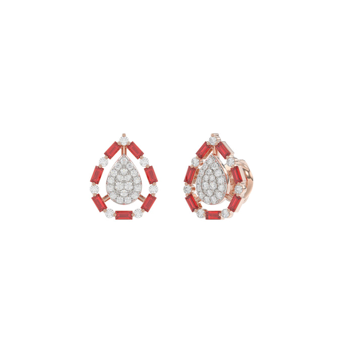 Elegant 14K Rose Gold Ladies Earrings Featuring Ruby And Diamond Accents With Round And Baguette Cuts 0.88Ct. A Luxurious Fine Jewelry Design.
