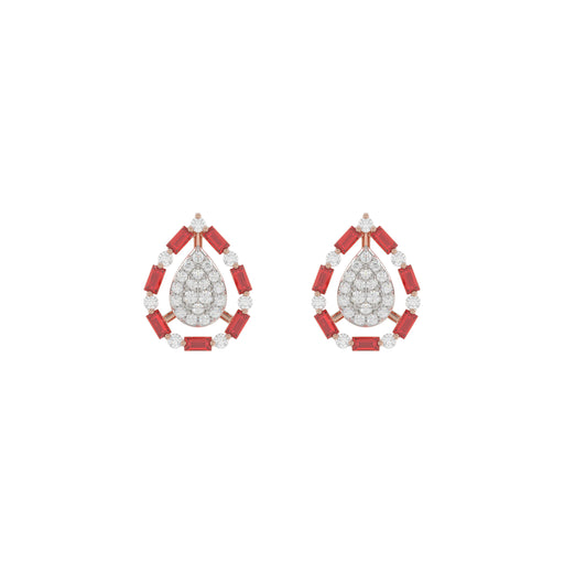 Elegant 14K Rose Gold Ladies Earrings Featuring Ruby And Diamond Accents With Round And Baguette Cuts 0.88Ct. A Luxurious Fine Jewelry Design.