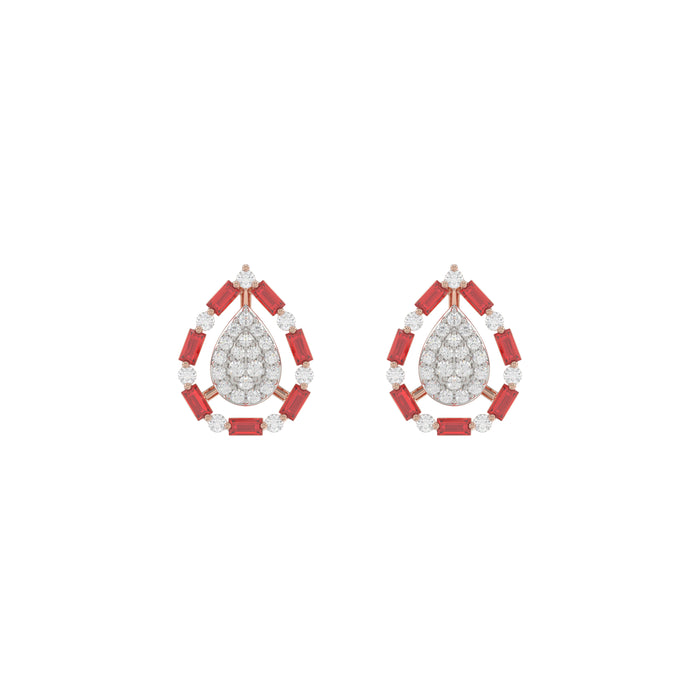 Elegant 14K Rose Gold Ladies Earrings Featuring Ruby And Diamond Accents With Round And Baguette Cuts 0.88Ct. A Luxurious Fine Jewelry Design.