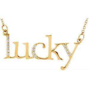Ladies Natural Diamond "Lucky" Phrase 16 1/ Necklace (I1, G-H) — 14K Yellow Gold
