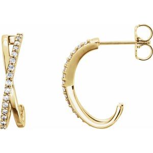 Ladies Natural Diamond Criss-Cross J-Hoop Earrings (I1, G-H) — 14K Yellow Gold