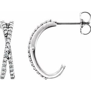 Ladies Natural Diamond Criss-Cross J-Hoop Earrings (SI2-SI3, G-H) — Platinum