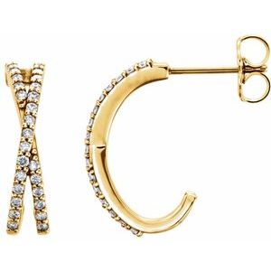 Ladies Natural Diamond Criss-Cross J-Hoop Earrings (I1, G-H) — 14K Yellow Gold